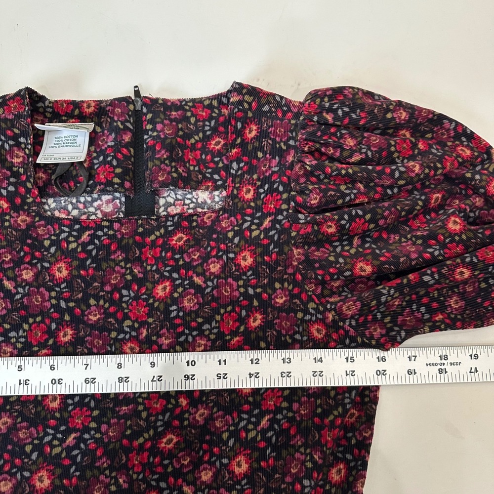 Vintage Laura Ashley Dress Women 6 Black Red Floral Corduroy Puff Sleeve Prairie - Picture 6 of 8